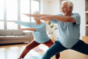 an active elderly couple practice modern dance together indoors to improve their physical condition and well-being, active aging concept.