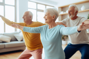 Three active seniors exercise together indoors to keep fit, active aging concept.