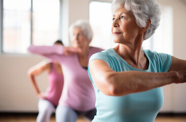 a group of active seniors perform yoga together indoors, to improve their physical condition and well-being, and to socialize with each other, active aging concept.