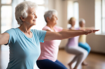 a group of active elderly people perform yoga together indoors, to improve their physical condition and well-being, and to socialize with each other, active aging concept.