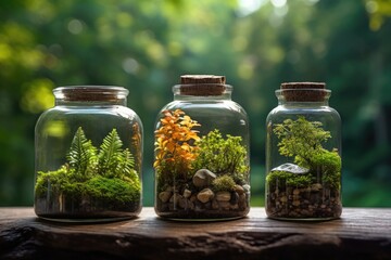 Small garden in glass jars on a wooden table in the dark. 