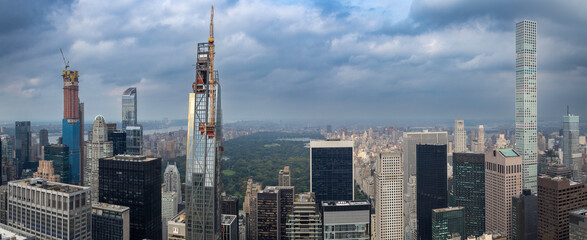 Panorama of Central Park and city skyline of Manhattan, New York city.