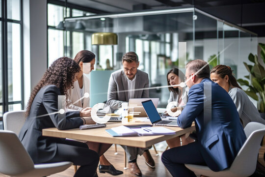 Colleagues sit at the table and have a discussion in the office. Team at a meeting in the boardroom. Generative AI