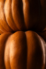 Vertical image of close up of orange pumpkins stacked up with copy space
