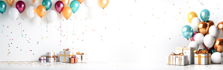 Colorful pastel balloons and gift present for celebration festival or party concepts for commercial key visual design background.greeting card decoration element.copy space