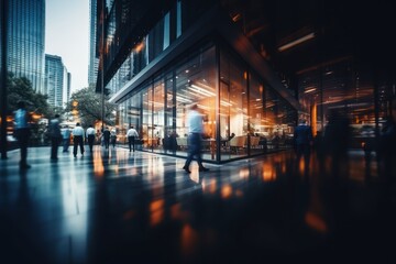 abstract motion blur image of business people crowd walking in city downtown. Cinematic color tone, Generative AI - obrazy, fototapety, plakaty