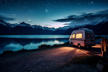 a camper van at nightfall near water lake
