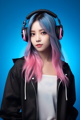 beautiful young Asian teenager girl with dyed hair using mobile phone with positive expression, listening to music on headphones, dressed in casual black clothing isolated on pink and blue background