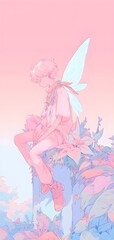 Ethereal anime elf, fairy fantasy character art illustration. pastel, neon colors pink, dreamy, butterflies Aesthetic, cute, beautiful, stunning. Fantasy background, phone computer wallpaper copysace