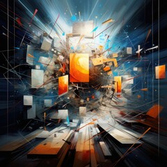 abstract background with blue and orange triangles and cubes. 3d render illustration. 