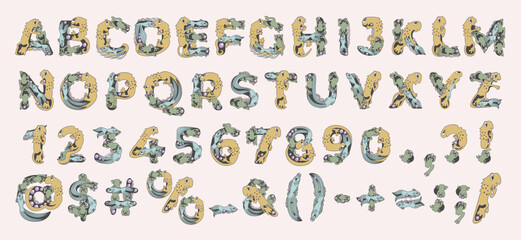 Cute childish set of latin letters, numbers and glyths with animals. Alphabet for kids. Little dragon, fish and frog inscribed to letters.