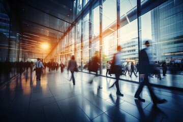 abstract motion blur image of business people crowd walking in city downtown. Cinematic color tone, Generative AI