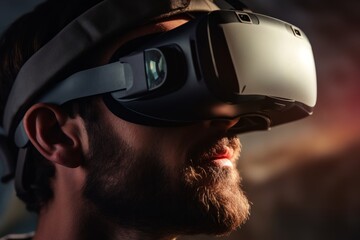 Fototapeta premium Man guy student user computer technology addict male wearing VR headset virtual reality goggles exploration metaverse modern advanced tech future progress playing cyber game experience gaming indoors