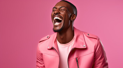 Obraz premium Young man laughs against a pink background.