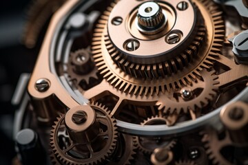 Reliable industrial mechanical gears macro cogs inside clock in motion in structured well-organized connected watch mechanism meshing parts together in precise manner and thoughtfully crafted synergy