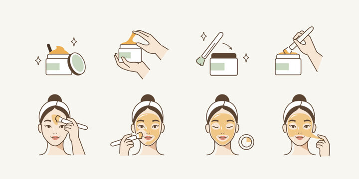 Skincare illustrations set. Collection of girl applying gold collagen hydrogel facial mask. Vector illustration.