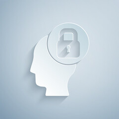 Paper cut Human head with lock icon isolated on grey background. Paper art style. Vector