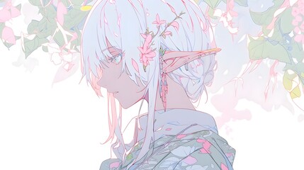 Ethereal anime elf, fairy fantasy character art illustration. pastel, neon colors pink, dreamy, butterflies Aesthetic, cute, beautiful, stunning. Fantasy background, phone computer wallpaper copysace