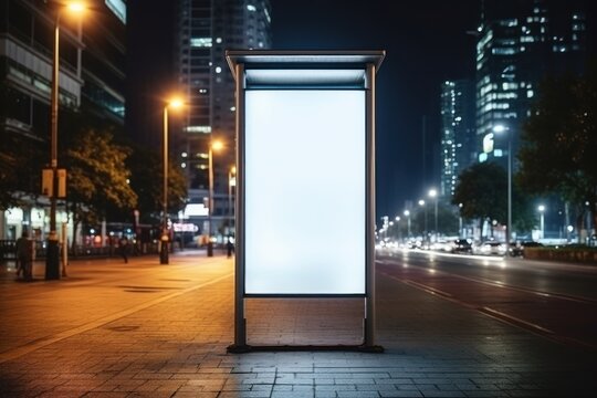 Town billboard, night and mockup space for marketing, blank advertising. Generative AI.