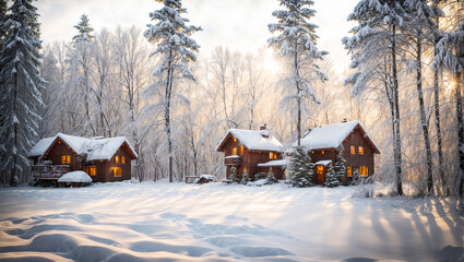 House in the snowy forest, day - obrazy, fototapety, plakaty