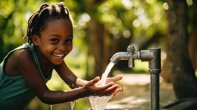 African child extends his hands toward a faucet of clean water.