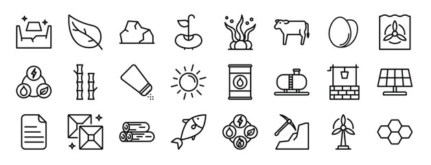 set of 24 outline web natural resources icons such as gold mine, leaf, rock, seed, seaweed, cow, eggs vector icons for report, presentation, diagram, web design, mobile app