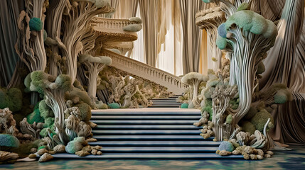 Wood carved staircase and stage backdrop for wedding and maternity photography - obrazy, fototapety, plakaty
