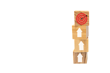Place the wooden block step by step to the target with the red dartboard and arrow icon. Set business success goals and project progress in finance, marketing. PNG