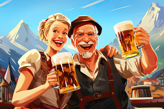 happy senior couple in drink beer in mountain nature landscape illustration