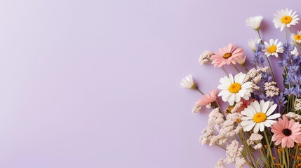Fototapeta na wymiar A fresh bouquet of wildflowers with a simple light purple pastel background and space for text, leaving ample space for your custom text. AI generated.