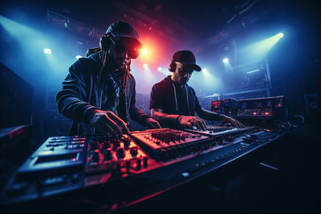 Music drum and bass festival, two DJs play music on consoles in club