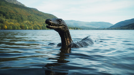 A mysterious monster or lizard floats on Loch Ness. - obrazy, fototapety, plakaty