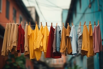 clothes hanging on a clothes line with the sun shining through the clouds in the sky behind them and a blue sky with clouds in the background. generative ai