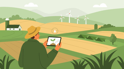 Sustainable agriculture concept. Farmer using green agricultural technology and combining wind and solar power with farming. Vector illustration.