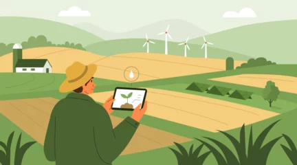 Fotobehang Sustainable agriculture concept. Farmer using green agricultural technology and combining wind and solar power with farming. Vector illustration. © Irina Strelnikova