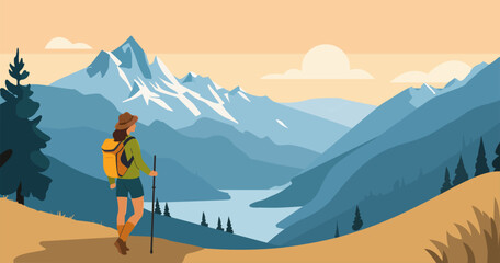 Adventure tourism and travel concept. Woman traveler with backpack wearing trekking gear standing on the top of hiking trail and looking at the mountains landscape. Vector illustration. - 640702190