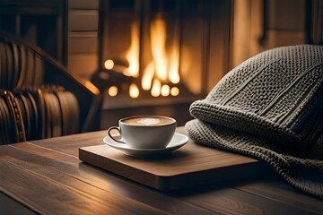 an image featuring a cup of coffee on a rustic table, surrounded by elements that evoke coziness—knitted blankets, dim lighting, and a crackling fireplace