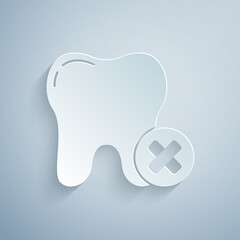 Paper cut Tooth with caries icon isolated on grey background. Tooth decay. Paper art style. Vector