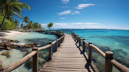 Wooden pier to an island and beautiful beach, blue sky and tropical landscape background, concept for summer travel and vacation.