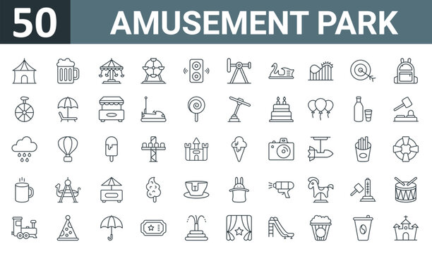 set of 50 outline web amusement park icons such as circus tent, beer glass, spinning swing, fair, speakers, balancer, pedal boat vector thin icons for report, presentation, diagram, web design,