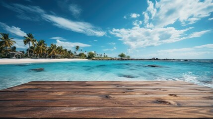 Fototapeta premium Wooden floor with beautiful blue sky scenery for background. Wood texture pier and sea background.