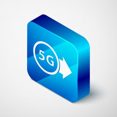 Isometric 5G new wireless internet wifi connection icon isolated on grey background. Global network high speed connection data rate technology. Blue square button. Vector