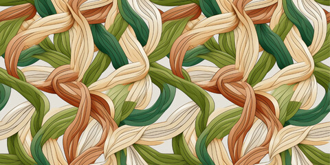 Intertwined natural elements forming a seamless surface pattern. Composition of interwoven textile ropes. Concept of crossed threads forming a network.