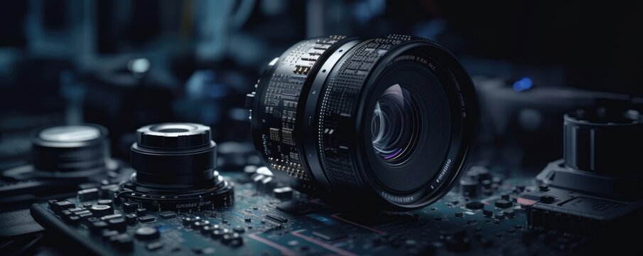 Camera lens close-up. The concept of professional photography.