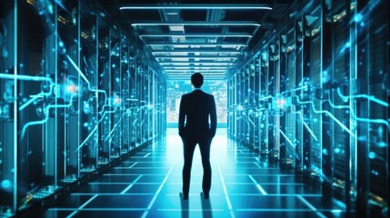 Back view of young man standing in server room with blue lights