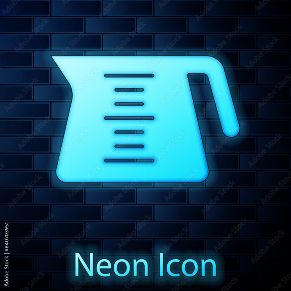 Sticker Glowing neon Coffee pot icon isolated on brick wall background. Vector