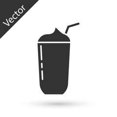 Grey Milkshake icon isolated on white background. Plastic cup with lid and straw. Vector