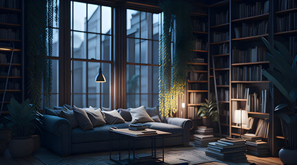 A dark cozy interior background for a loftstyle living room