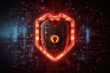 Cyber security concept. Shield padlock with keyhole on circuit board background, neon lights background