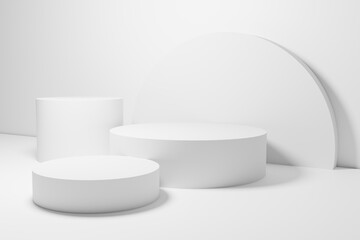 Abstract white background for product presentation with white round podium. Podium 3D rendering.